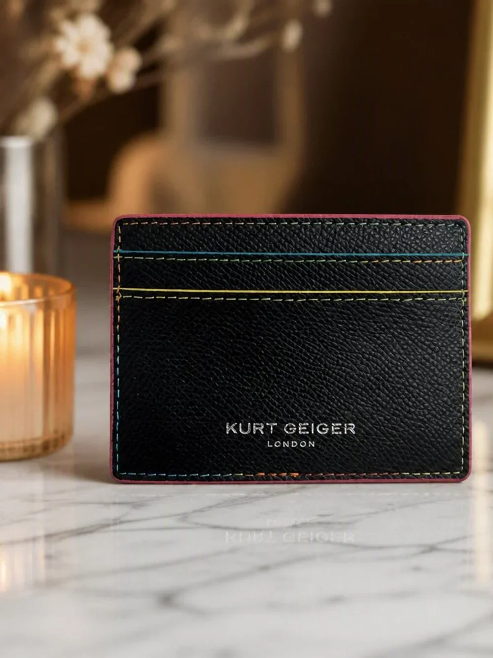 Kurt Geiger Black Leather Card Holder with Multicolor Stitching